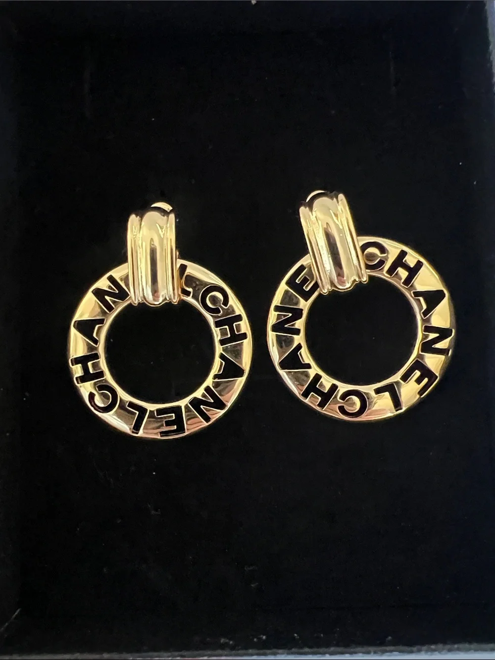 CHANEL Gold Hoop Logo Drop Earrings with Lettering